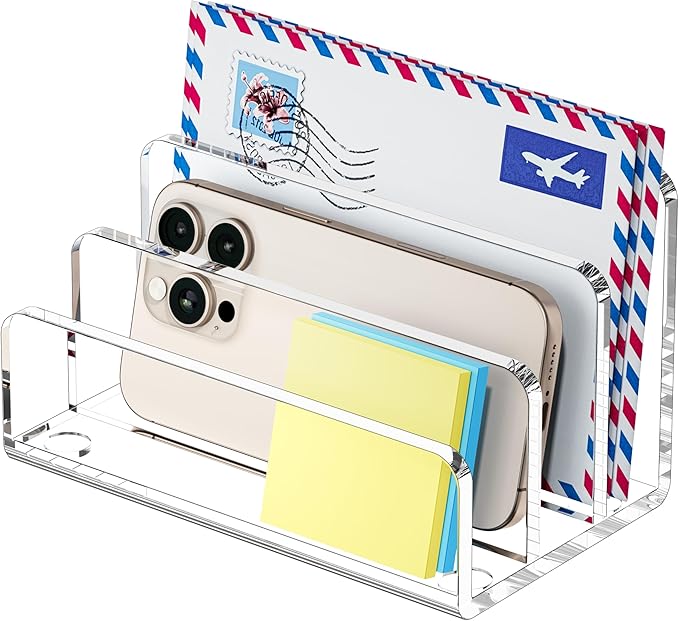 Mail Organizer Countertop, 3 Section Clear Acrylic Small File Holders Letter Organizer for Desk, Modern Filing Accessories for Document, Office, Home, School