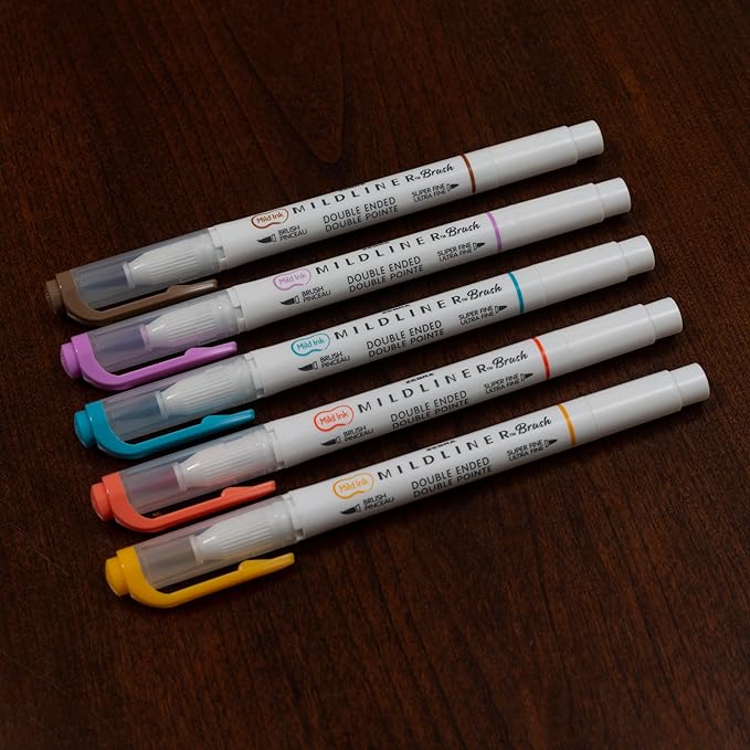 Zebra Pen, Mildliner Dual-Ended Brush Pens, Warm Color Palette, 5 Assorted Colors, Brush and Fine Tips, No Bleed-Through, Water-Resistant Ink for Calligraphy, Journaling, Planners, 5-Pack (79305)
