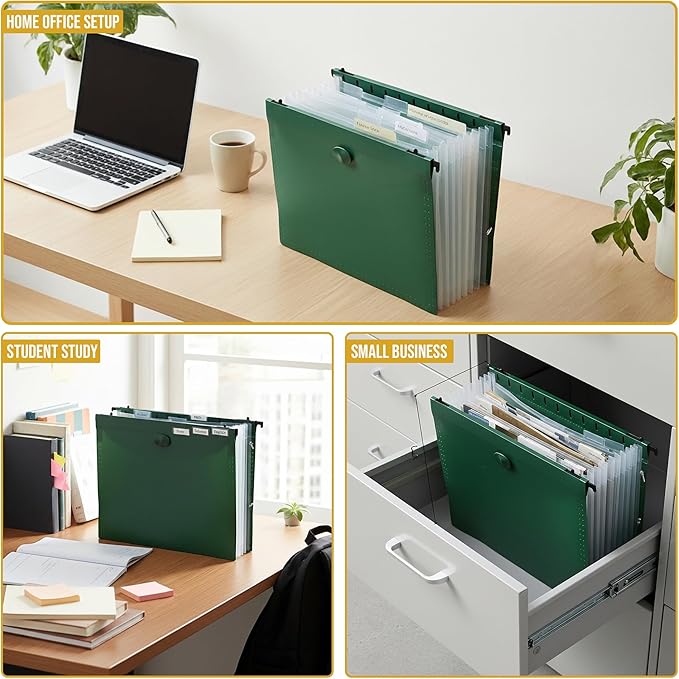 Iconikal Expanding Hanging Green File Folder with 7 Pockets, Portable Heavy-Duty Poly Organizer for Letter Size Files, Retractable Hooks & Elastic Closure