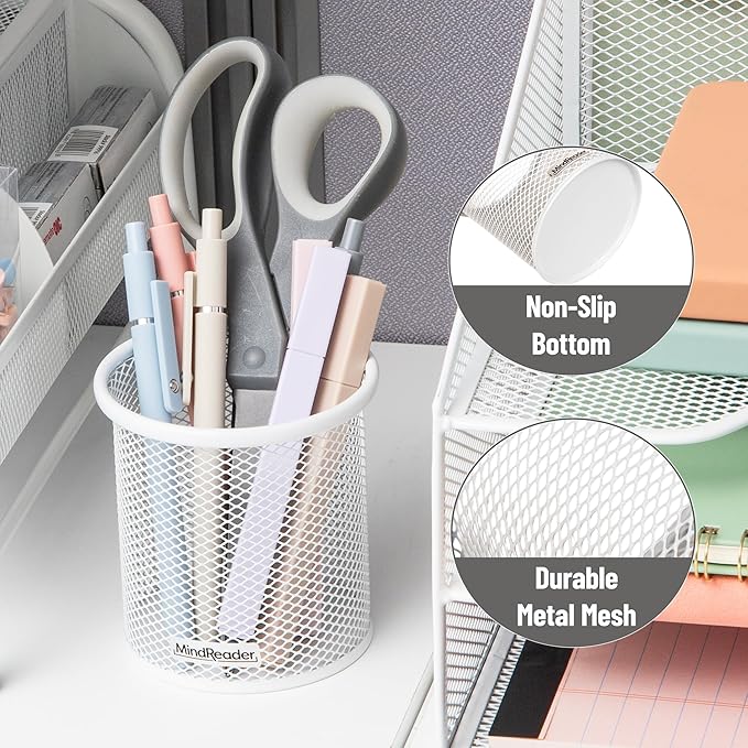 Mind Reader Pen and Accessories Holder, Desktop Organizer, Office, Metal Mesh, 3.5"L x 3.5"W x 3.75"H, Set of 3, White