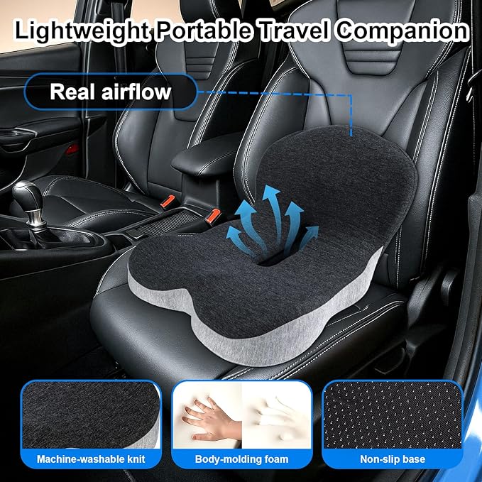 Memory Foam Office Chair Cushion, L-Shaped Integrated Seat Cushions, Chair Seat Cushion for Lower Back Tailbone Protection, Lumbar Support (Black Gray)