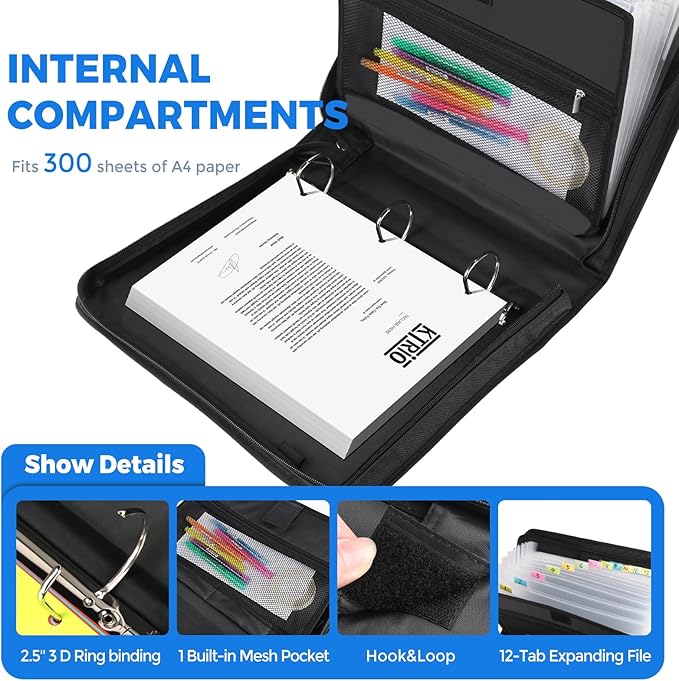 KTRIO Zipper Binder, 3 Ring Binder with Zipper, 12 Tab Expanding Files, 300 Sheet Capacity, Black