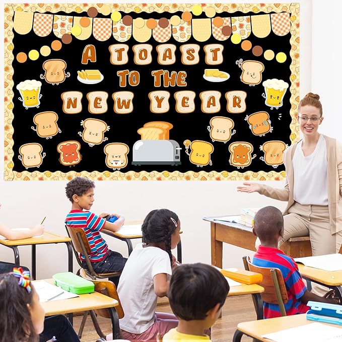 party greeting New Year Toast Bulletin Board Decorations A Toast to The New Year Bulletin Board Set Cartoon Cute Toast Paper Cutouts Winter Season Happy New Year Classroom Wall Door Decor