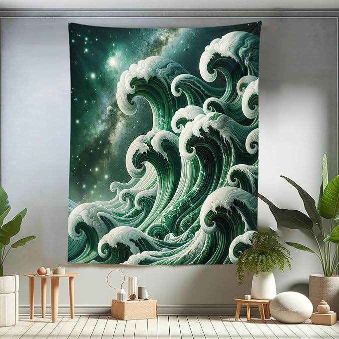 Ambesonne Green Tapestry Twin Size, Bold Marble Print Ocean Waves with a Realistic Galaxy Space Starry Sky Illustration, Wall Hanging Bedspread Bed Cover Wall Decor, 68" X 88", Dark Teal