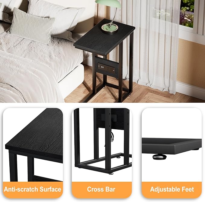 VECELO C Shaped End Table with Charging Station & Power Outlets, Quick Access Side Table for Sofa, C Bedside for Living Room Bedroom 1 Set,Black