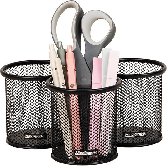 Mind Reader Pen and Accessories Holder, Desktop Organizer, Office, Metal Mesh, 3.5"L x 3.5"W x 3.75"H, Set of 3, Black