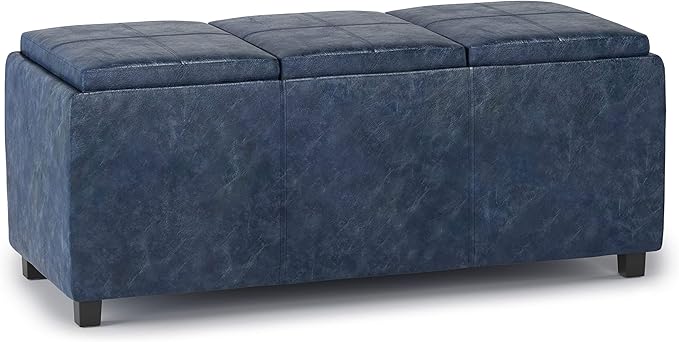 SIMPLIHOME Avalon Storage Ottoman - 42 inch Wide Upholstered Vegan Leather Rectangular Flip-Top Ottoman in Denim Blue, Contemporary Coffee Table Ottoman for Living Room with Hidden Storage