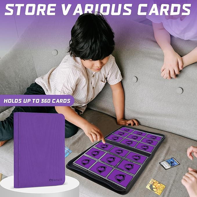 9 Pocket Card Binder,360 Pockets Trading Card Holder Book, Premium PU Cover Zip Folder Binder,Side Loading Carrying Case Binder Album for TCG,MTG,Sports Cards,Game Cards (Purple)