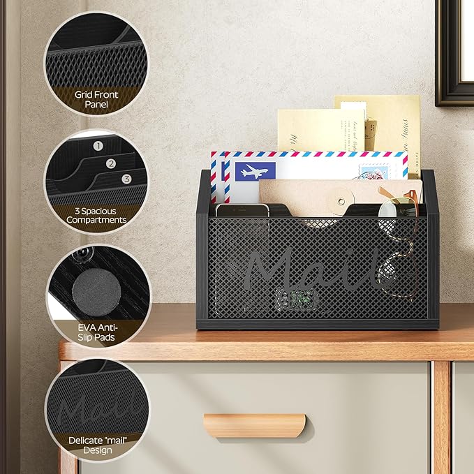 Mail Organizer Countertop, Mail Holder with 3 Slots, Mail Sorter for Desk, Wooden Office Desk Organizer, Mail Organizer for Magazines, Files, Papers, Folders, Black MR03BB