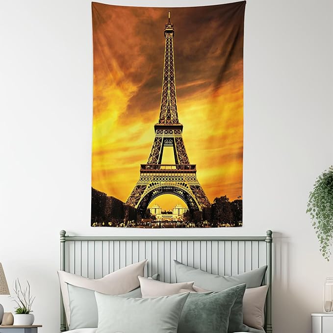 Ambesonne Eiffel Tower Tapestry Twin Size, Paris Love City Monument in Dramatic Sunrise Picture of French Landmark, Wall Hanging Bedspread Bed Cover Wall Decor, 68" X 88", Yellow Brown