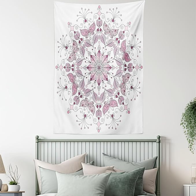 Ambesonne Mandala Tapestry, Lacy Inspired Pastel Floral Motif with Butterfly and Lotus Branches Design, Wall Hanging for Bedroom Living Room Dorm Decor, 40" X 60", White Pale Pink