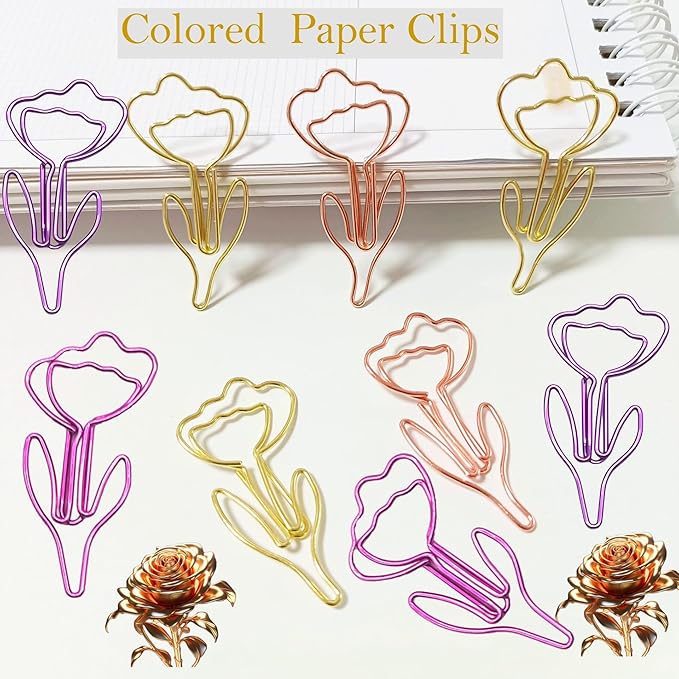 24 Pcs Metal Paper Clips Set - Multicolored Rose-Shaped Cute Paperclips for School and Office File Organization, Suitable for Party and Wedding Decor