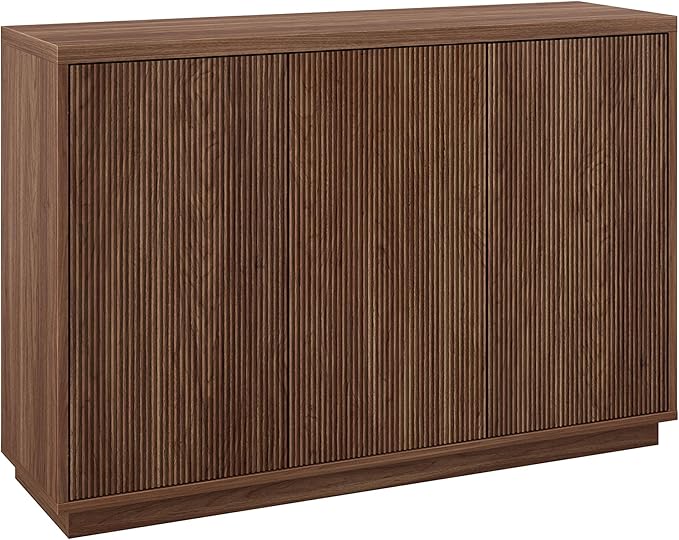 Henn&Hart 47.5'' Fluted Sideboard Buffet Cabinet, Ribbed Modern Wooden Credenza with 3 Doors, Adjustable Shelves, and Cable Management Cut-Outs for Dining Room, Kitchen or Living Room, Satin Walnut