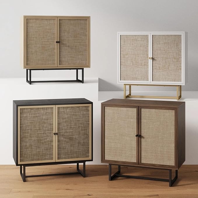 Nathan James Kova Rattan Wood Accent Natural Sideboard Storage Cabinet TV Stand with Matte Metal Frame, Adjustable Shelves and Cane Doors, for Hallway, or Living Room, White/Cane/Brass, Set of 2