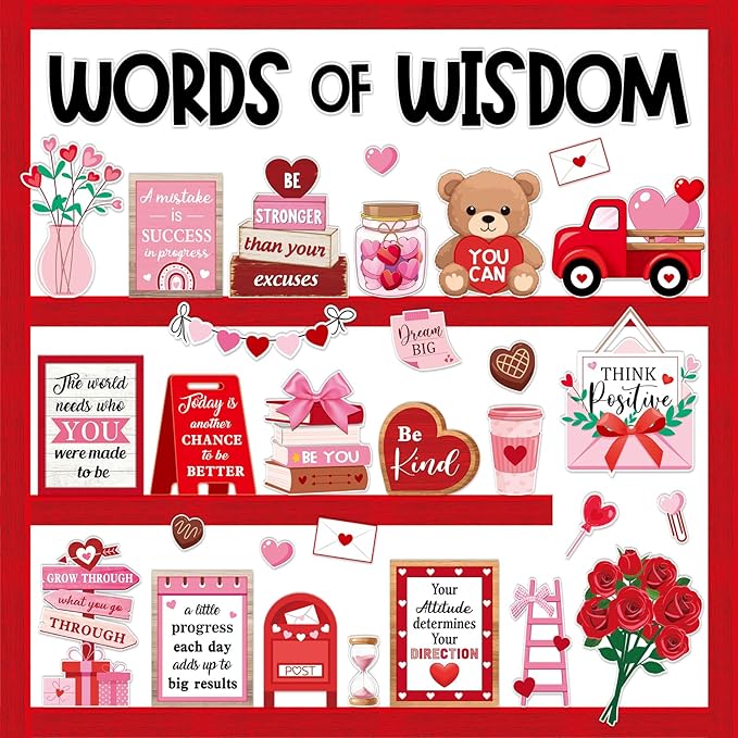 57 Pcs Sweet Bulletin Board Set Pink Red Heart Envelope Paper Cutouts Positive Quotes Classroom Bulletin Board Decor for School Chalkboard Wall Door Window