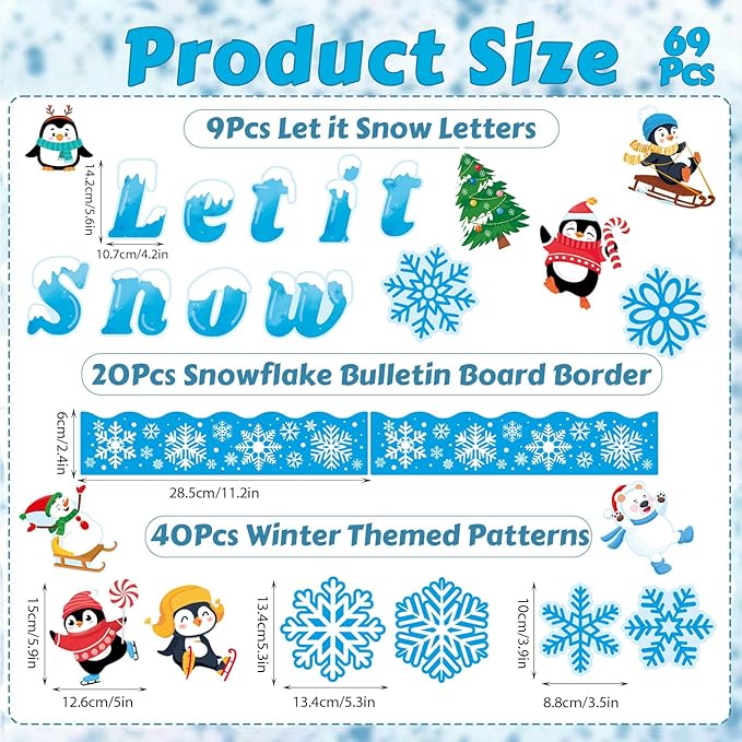 69 Pcs Winter Bulletin Board Decorations Set - Let It Snow Penguin Snowflake Cutouts Christmas Bulletin Board Border Decor for Xmas Holiday School Classroom Party Supplies