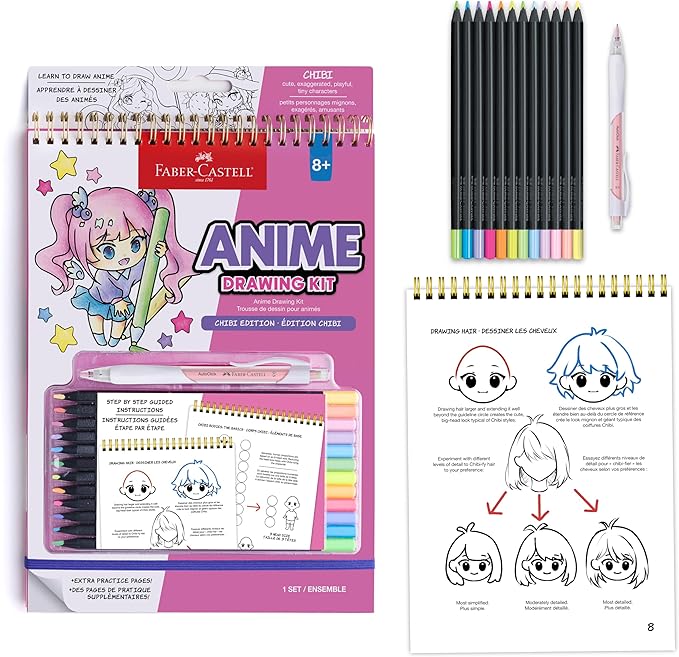 Faber-Castell Anime Drawing Kit: Chibi Edition | Step-by-Step Instruction Book with 20 Practice Pages, Color Pencil Set & Drawing Supplies for Kids, Easter Basket Stuffers (1 Book)