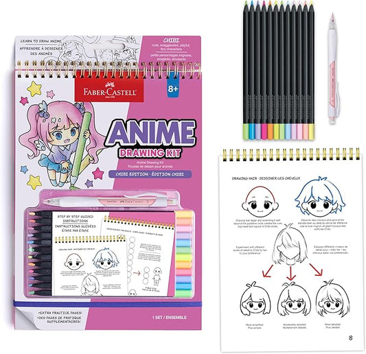 Faber-Castell Anime Drawing Kit: Chibi Edition | Step-by-Step Instruction Book with 20 Practice Pages, Color Pencil Set & Drawing Supplies for Kids, Easter Basket Stuffers (1 Book)