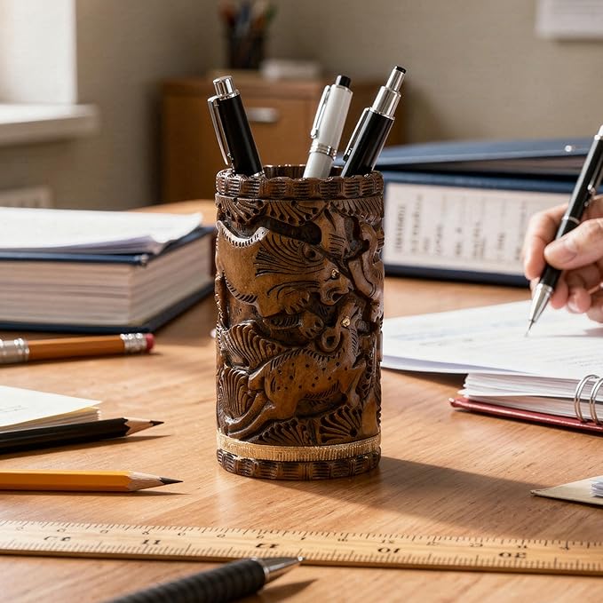 Craft Trade Hand Carved Wood Pen Holder for Desk Organizer for Home School Office Pencil Cup Pot Storage Box Suitable for Stationery - Natural Wood