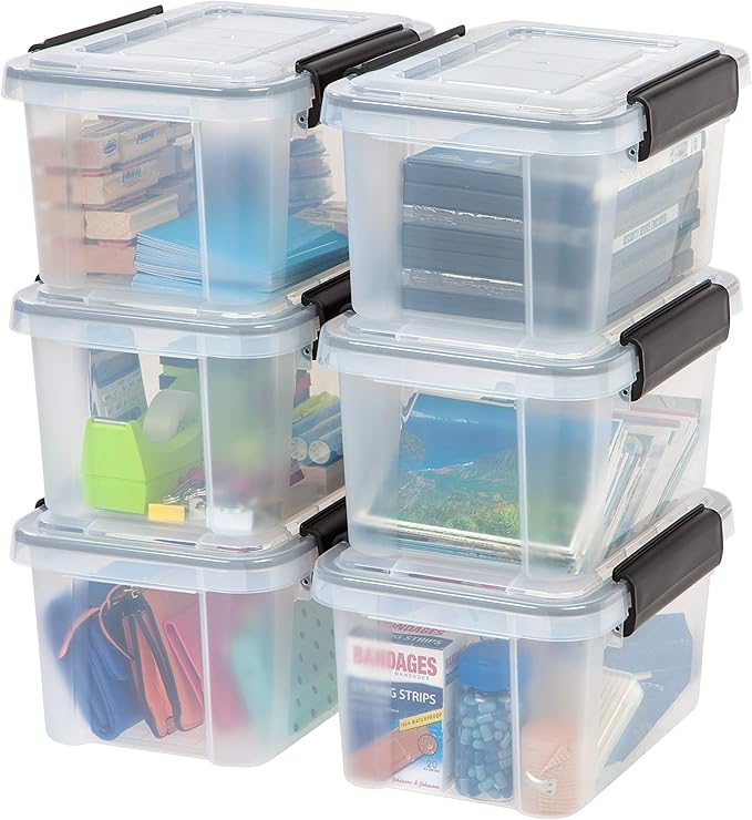 IRIS USA 7 Quart WEATHERPRO Plastic Storage Box with Durable Lid and Seal and Secure Latching Buckles, 6 Pack, Weathertight, Keep Pest Dust and Moisture Out, Clear/Black
