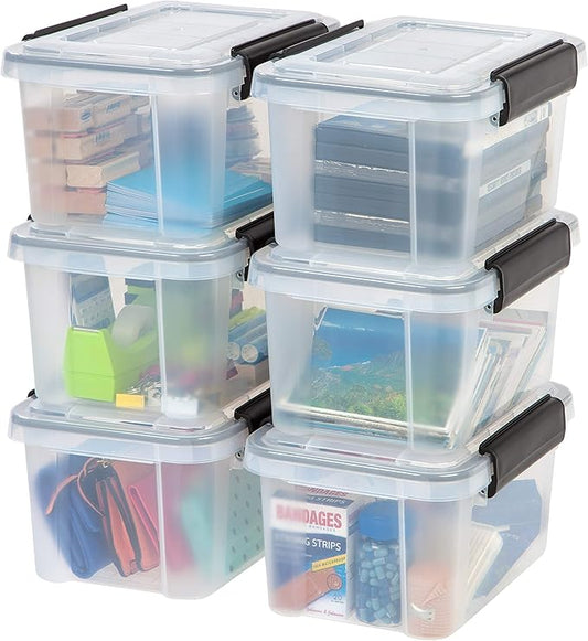 IRIS USA 7 Quart WEATHERPRO Plastic Storage Box with Durable Lid and Seal and Secure Latching Buckles, 6 Pack, Weathertight, Keep Pest Dust and Moisture Out, Clear/Black