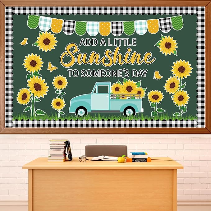 ZOIIWA Spring Sunflower Bulletin Board Decorations Summer Sunflower Truck Classroom Bulletin Board Black Plaid Borders Yellow Sunflower Cutouts Back to School Teacher Supplies School Office Wall Decor