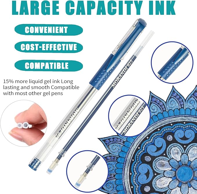 Blue Gel Pens,72 Color Gel Pens Set including 24 Color Gel Pen with 48 Refills,40% More Ink Colored Gel Pens for Adult Drawing, Doodling, Scrapbook, Journaling