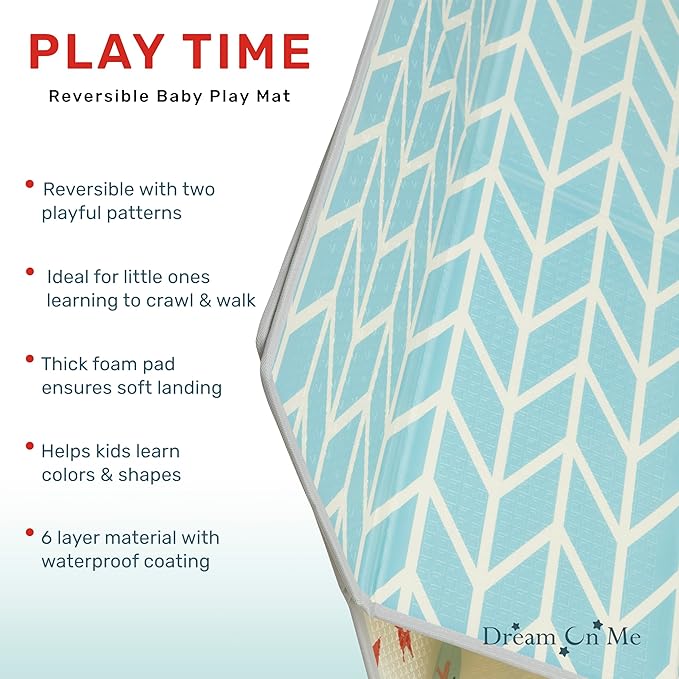 Dream On Me Play Time Reversible Baby Playmat, Foldable Extra Large Thick Foam Crawling Playmats for Toddlers, Waterproof Portable Playmat for Babies