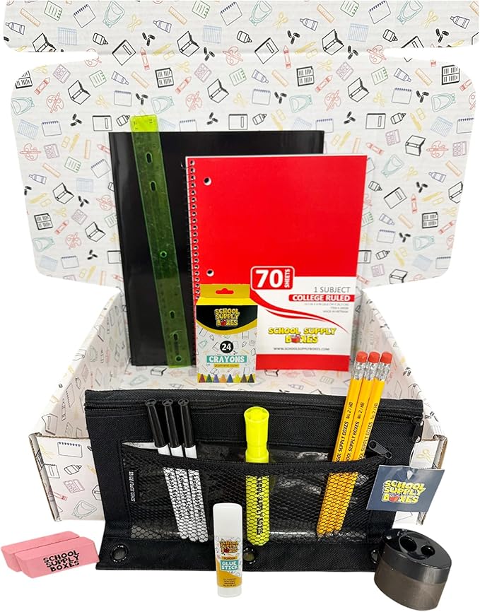 School Supply Boxes | Budget Saver Case (4 Boxes) | Back to School Essentials Kit for Students & Teachers | Includes Spiral Notebook, Crayons, Pens, Pencils, Glue & More