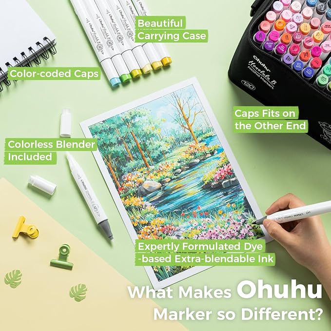 Ohuhu Alcohol Markers Brush Tip - 120-color AP Certificated Double Tipped Art Marker Set for Artist Adults Cozy Coloring Drawing Illustration - Brush and Fine Dual Tips - Honolulu B - Refillable