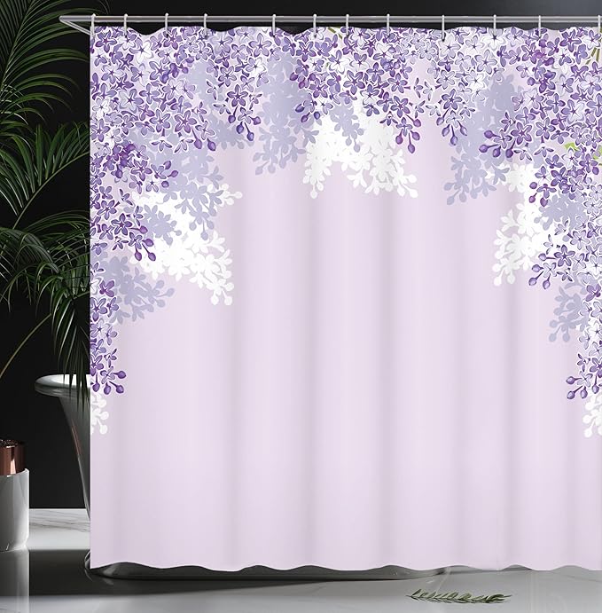 Ambesonne Flower Shower Curtain, Framing Lilac Flowers in Blossom Vernal Season Soothing Color Shades Artwork, Cloth Fabric Bathroom Decor Set with Hooks, 69" W x 75" L, Blue Violet