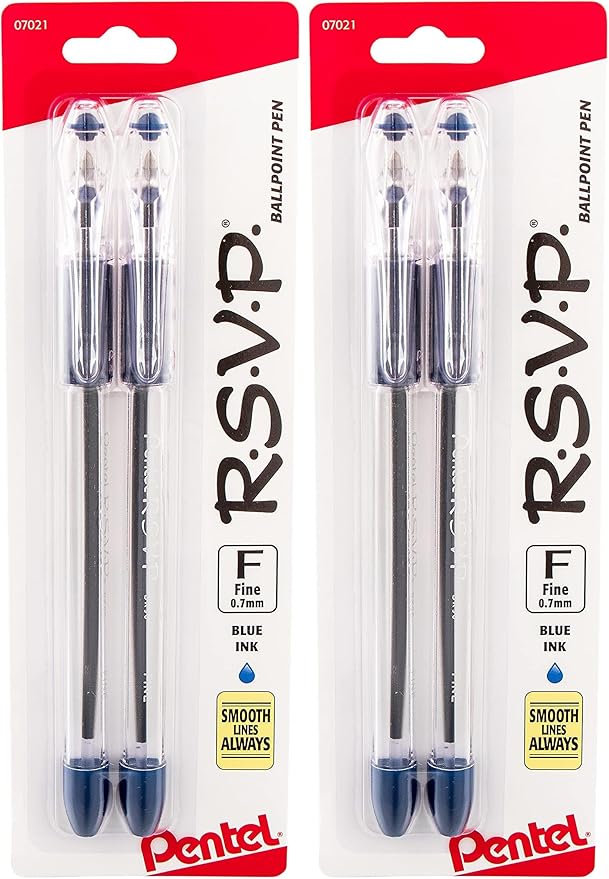 Pentel R.S.V.P. Ballpoint Pen, Fine Line, Blue Ink, 4 Pack (BK90BP2C)