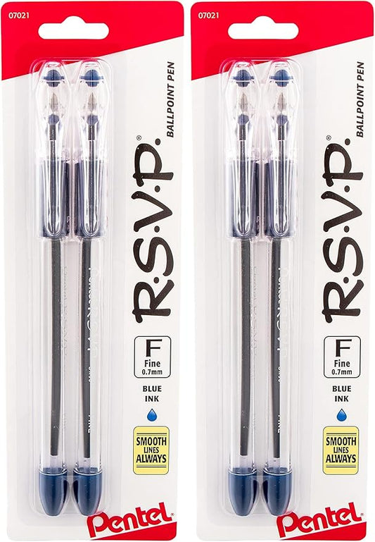 Pentel R.S.V.P. Ballpoint Pen, Fine Line, Blue Ink, 4 Pack (BK90BP2C)