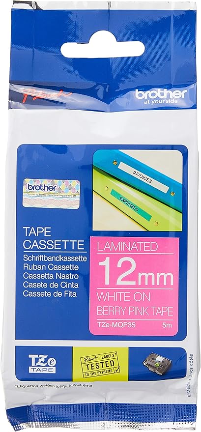 Brother TZe-MQP35 Laminated 12mm Tape Cassette - White on Berry Pink