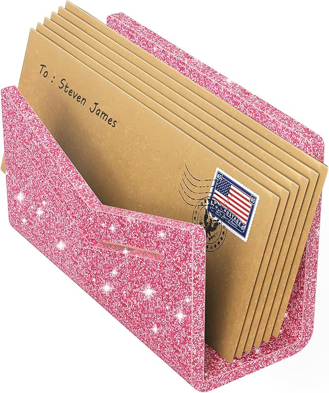 Beego Envelope and Mail Organizer Countertop - Glitter Pink Acrylic Desk Organizer Letter Holder Desktop File Sorter Bill Document Folder Rack for Office, Home, School Desk Organization