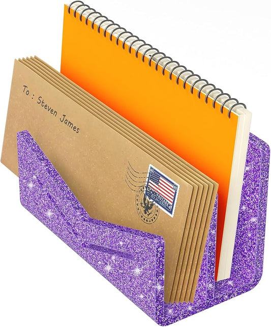 Beego Envelope and Mail Organizer Countertop - 2 Compartments Glitter Purple Acrylic Desk Organizer Letter Holder Desktop File Sorter Bill Document Folder Rack for Office, Home, School