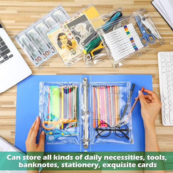 Lincia 30 Pack Clear Pencil Pouch for 3 Ring Binder Zippered 3 Ring Binder Pocket Inserts Bag Pencil Case 10 x 7'' Visible Cash Envelope with Re-enforced Grommet for College Office