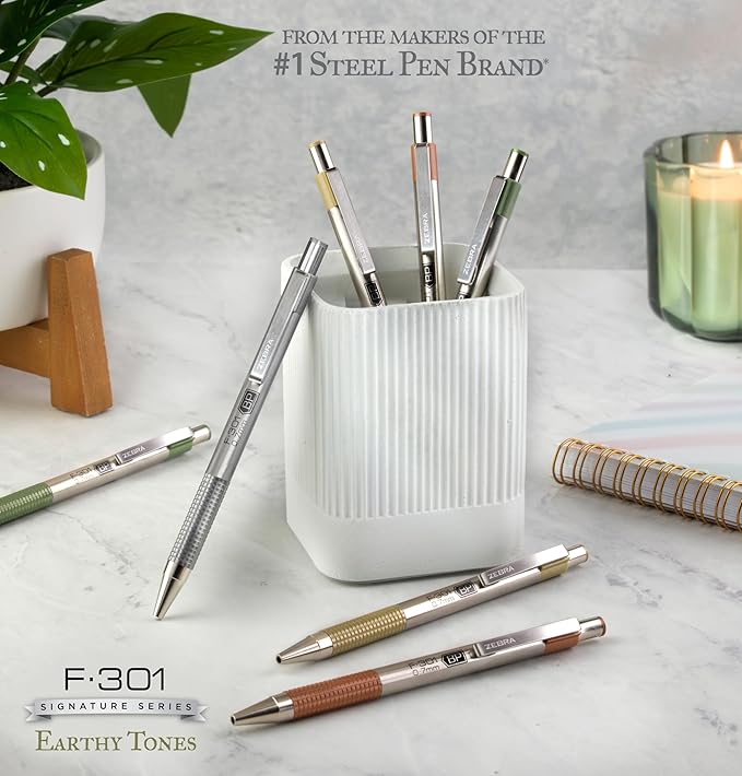 Zebra Pen F-301 Signature Series Retractable Ballpoint Pen, 0.7mm, Black Easy-Glide Ink, Stainless-Steel Barrel, Terracotta Earth Tone Accents, Best for Office, Journal and Planner Use, 4-Pack (27294)