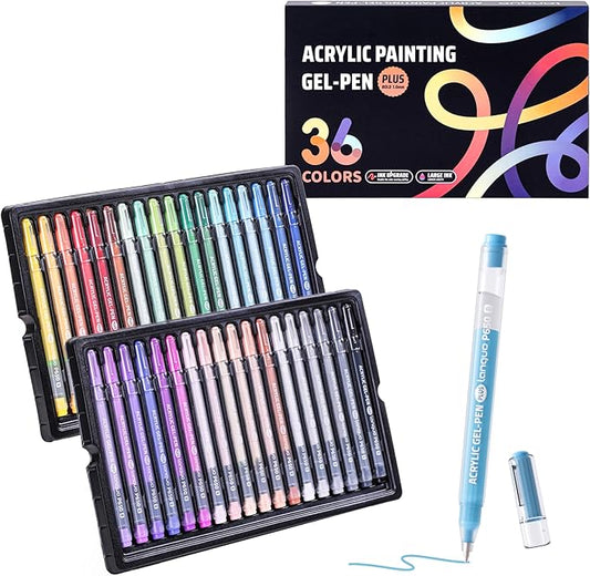 Acrylic Painting Gel Pens 36 Colors with 1mm Bullet Tip, Color Gel Pens for Adult Drawing, Coloring, Sketching, Journaling, DIY, Acrylic Ink Pen for Black Paper, Rock, Glass, School and Art Supplies