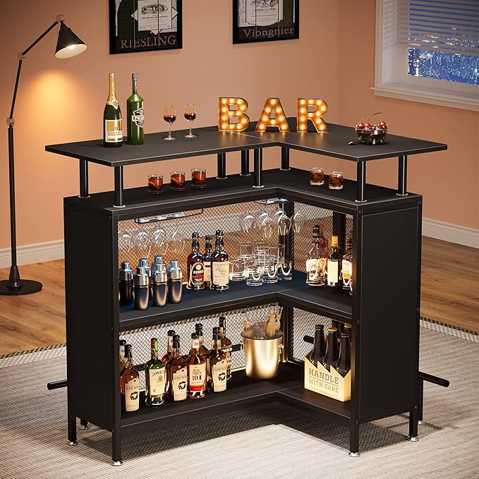 Tribesigns Home Bar Unit, L-Shaped Bar Table with Stemware Racks and 2-Tier Shelves, Corner Mini Coffee Liquor Cabinet with Footrest for Home/Kitchen/Pub, Black