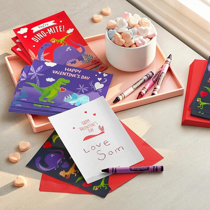 Hallmark Valentine's Day Cards and Stickers for Kids School, Dinosaur (24 Classroom Valentines with Envelopes)