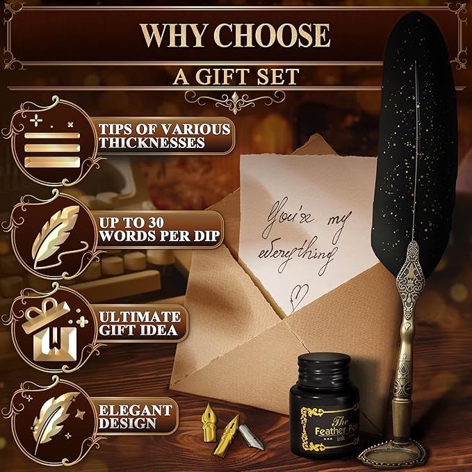 Black Feather Quill Pen and Ink Set – Feather Pen and Ink Set with Stainless Steel Nib & Stand for Practice, Drawing, Signatures & Vintage Decor – Designed for Calligraphy Beginners, Authors & Writers