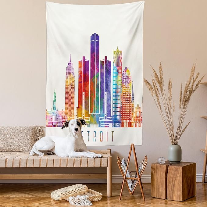 Ambesonne Detroit Tapestry Queen Size, Vibrant Colored Abstract Skyscrapers Modern Architecture Watercolor Style Landmarks, Wall Hanging Bedspread Bed Cover Wall Decor, 88" X 88", Ivory