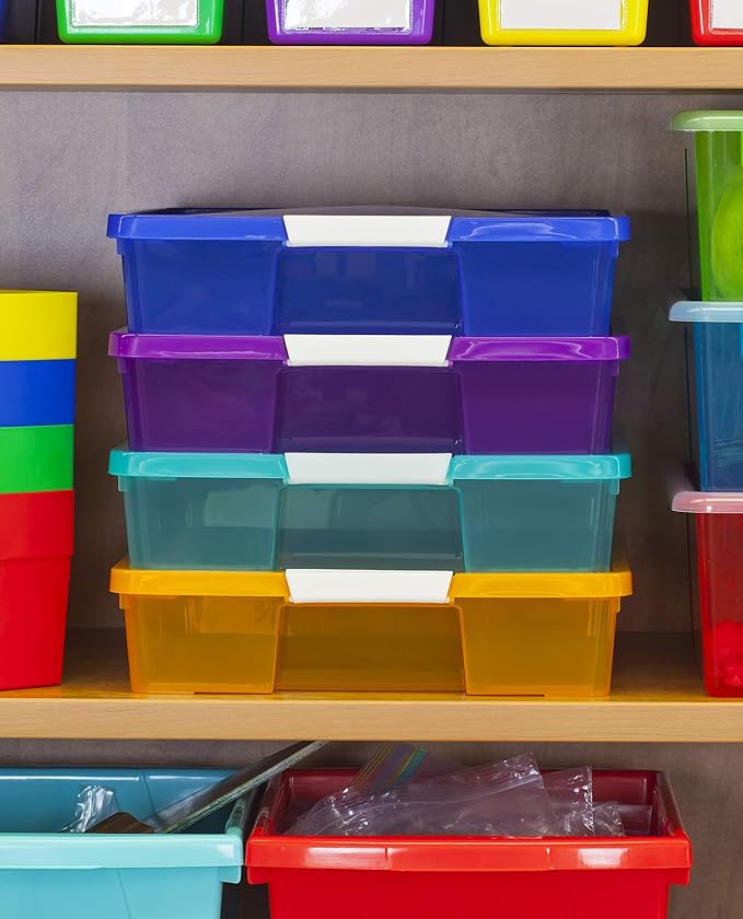 Storex Classroom Craft Project Box – Stacking Plastic Organizer Fits 12x12 Scrapbooking Paper, Assorted STEAM Colors, 5-Pack (63202C05C)