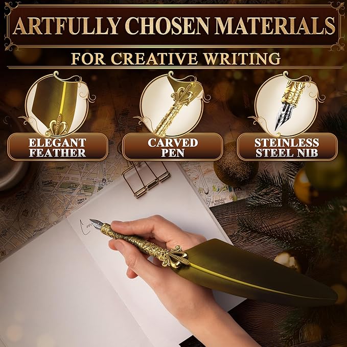 Antique Writing Quill and Ink Set – Stainless Steel Dip Pen Feather Quill Pen and Ink Set with 5 Spare Nibs, Anti-Slip Patterned Grip, Gift-Ready Box with Display Stand – Calligraphy Gift Set (Golden)