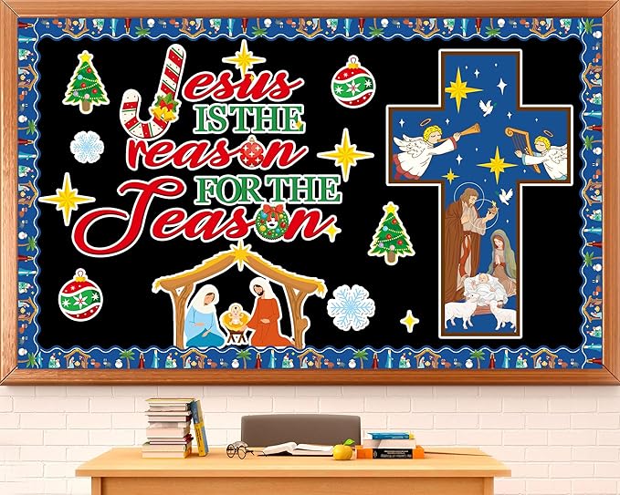 Christian Bulletin Board Decorations Jesus is The Reason for The Season Classroom Cutouts Christmas Nativity Religious Paper Decors for Xmas Holiday Sunday Church Chalkboard Wall Decor Supplies