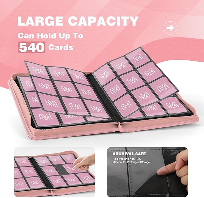 Trading Card Binder with 9 Side Loading Pocket Card Album Hold Up to 540 Cards PU Card Collection Binder, Collectible Albums Card Folder for MTG, TCG, Sports Cards（9-Pink）