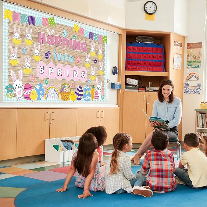 Spring Easter Bulletin Board Set Easter Bunny Eggs Bulletin Board Classroom Decorations Hopping into Spring Cutouts for Teacher Classroom School Office Chalkboard Wall Home Decor