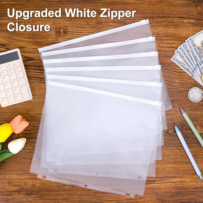 Antner 50pcs Letter Size Binder Pockets for 3 Ring Binder, White Zipper Document Organizer Pouches Heavyweight PVC 3-Hole Loose Leaf File Folders Page Sheet Protectors Side-Loading for Home Office