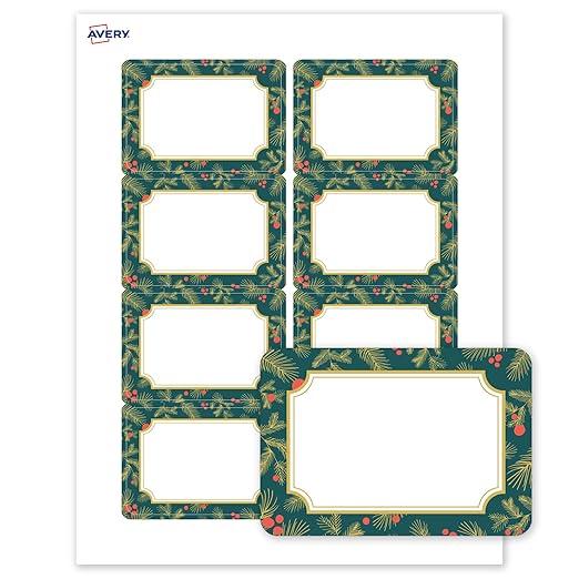 Avery Printable Christmas Adhesive Name Badges, Rectangle, 2-1/3" x 3-3/8", Pre-Printed Teal & Metallic Gold Border with Holly Design, Matte White, Laser & Inkjet Compatible, 80 Total